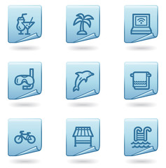 Vacation icons, blue sticker series