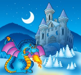 Fototapeta premium Big blue dragon with winter castle
