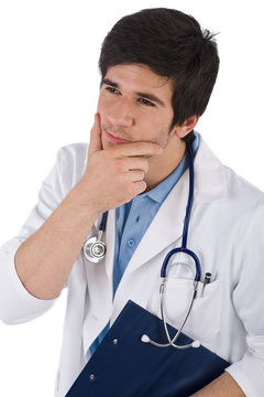 Thoughtful male doctor student with stethoscope