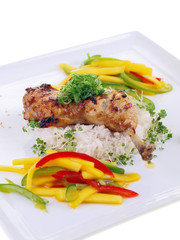 barbecue chicken, rice & mango salad isolated on white