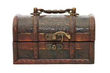 single closed wooden chest with metal ornament