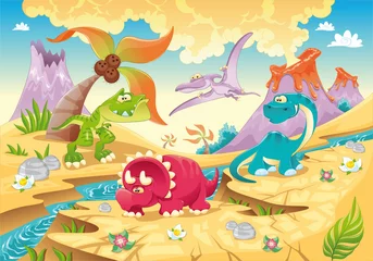 Papier Peint photo Dinosaures Famille de dinosaures. Cartoon drôle et personnages vectoriels
