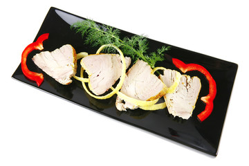 served tuna slices with vegetables