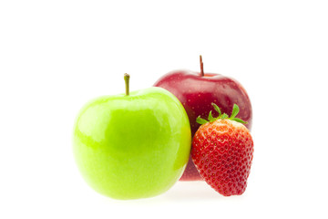 two apples and strawberries isolated on white