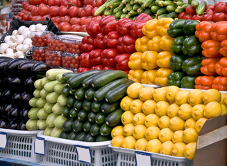 Multicolored particulars vegetables on the grocery market.