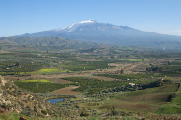 Fototapeta na wymiar Uprawianej ziemi i wulkan Etna
