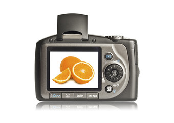 Photo camera on white background