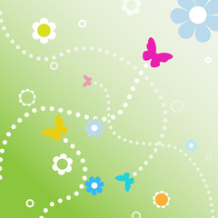 Fototapeta na wymiar BuButterflies fly dotted line paths on spring flowers