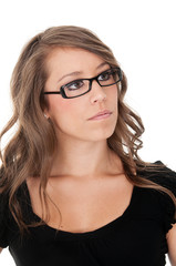 Obraz premium Serious pretty business woman looking to side.