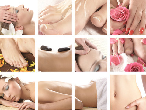 A collage of spa treatment images with different body parts