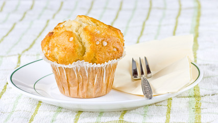 A single tasty muffin standing on a cloth