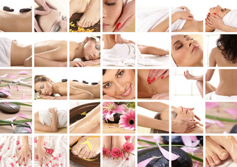 A collage of different spa treatment images with young women