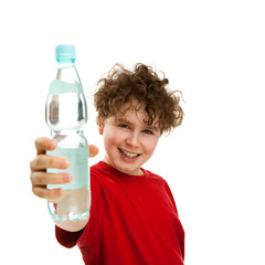 Boy holding battle of water isolated on white background