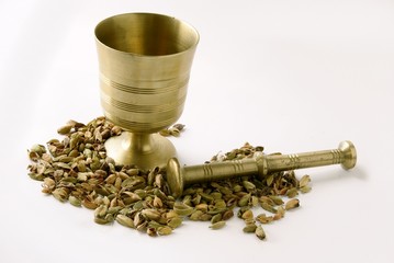 cardamon spice and brass montar