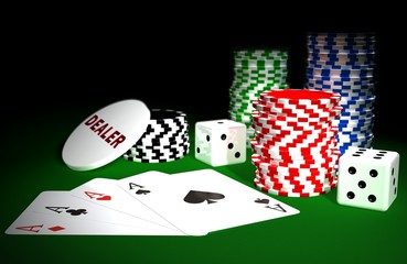 Pokertisch mit Chips und Karten - Four of a Kind