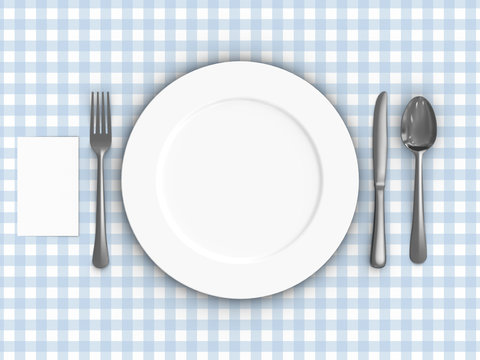 A render of a table setting over a tablecloth