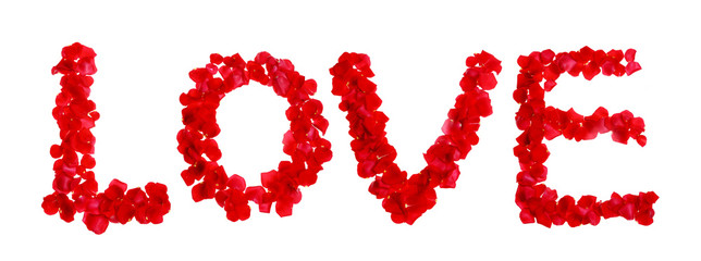 Red rose petals forming  letter - love