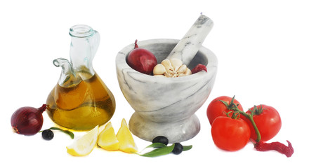 Mortar,vegetables and olive oil