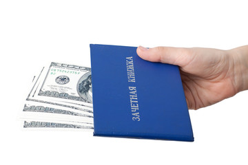 Hand with the record book and money.  Bribe.