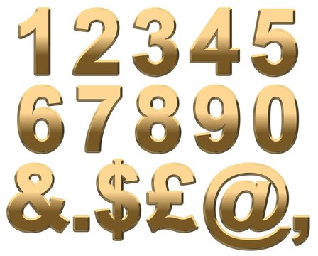 Gold Alphabet Numbers On White