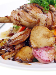 filipino chicken adobo, potatoes & salad isolated on white