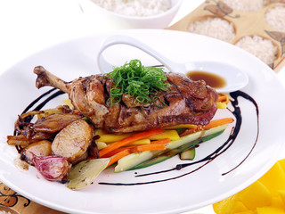 fried chicken adobo, rice & fresh mango isolated on white