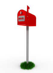 A standard red mailbox with mail and flag isolated over white