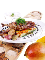 fried chicken adobo, rice & fresh mango isolated on white
