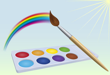 Colour-box, rainbow,  brush and sun