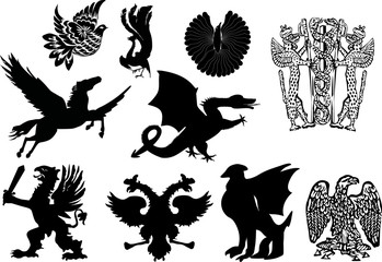 set of heraldic animals and birds