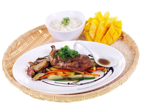 fried chicken adobo, rice & mango isolated on white background
