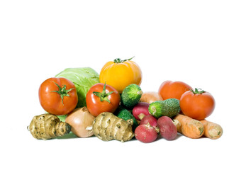 many ripe vegetables on white background