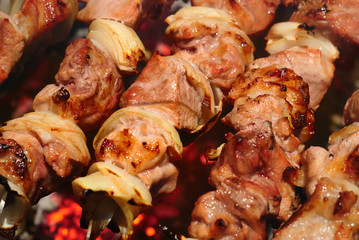 Meat slices prepare on fire