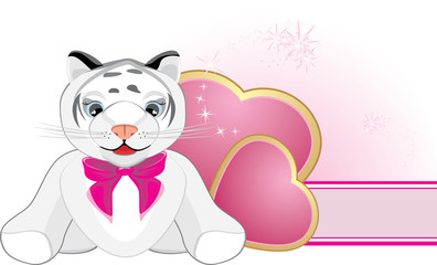 Little tiger with pink bow and hearts. Banner. Vector