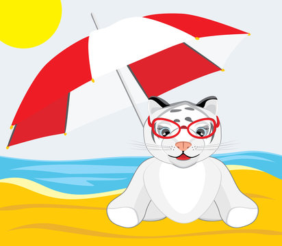 Little tiger with umbrella on the beach. Vector