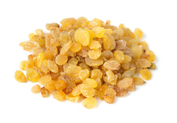 Yellow raisins isolated on white background