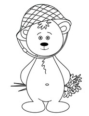 Bear cub in a helmet with a bouquet, monochrome