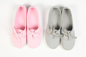grey and pink women shoes with white background