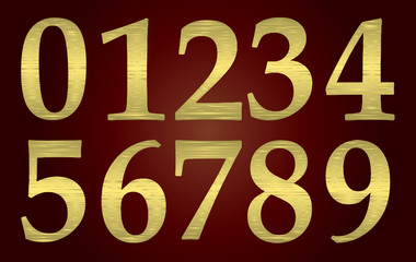 Set of golden metal numbers on a maroon plate. vector