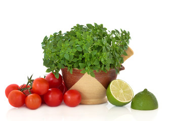 Basil Herb, Tomatoes and Lime Halves