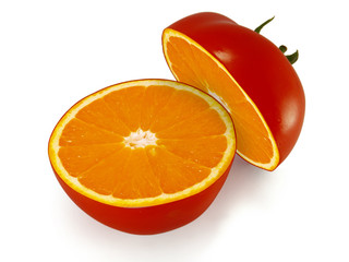 Red ripe tomato, inside as orange, white background.