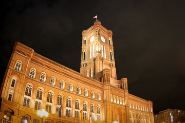 Fototapeta na wymiar Night view on Red Town Hall in Berlin, Germany