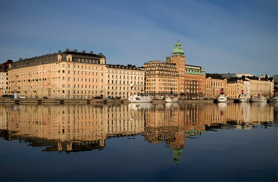 Buildings reflecting in Nybroviken, Stockholm.