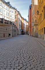 Cobblestone street in Old Town, Stockholm.