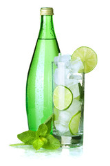 Glass of water with lime, ice and mint