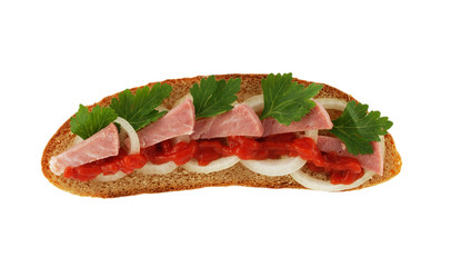 sandwich on white, bread, meat, greens, ketchup