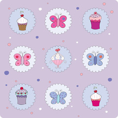 Vector illustration of card with muffins and butterflies
