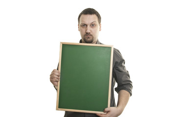 man holding a small blackboard in the hands