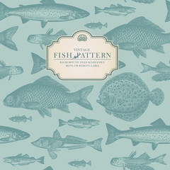 Fototapeta premium retro fish pattern (background behind label tiles seamlessly)