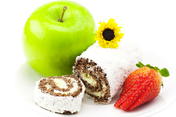 sweet roll apple blossom and strawberries isolated on white